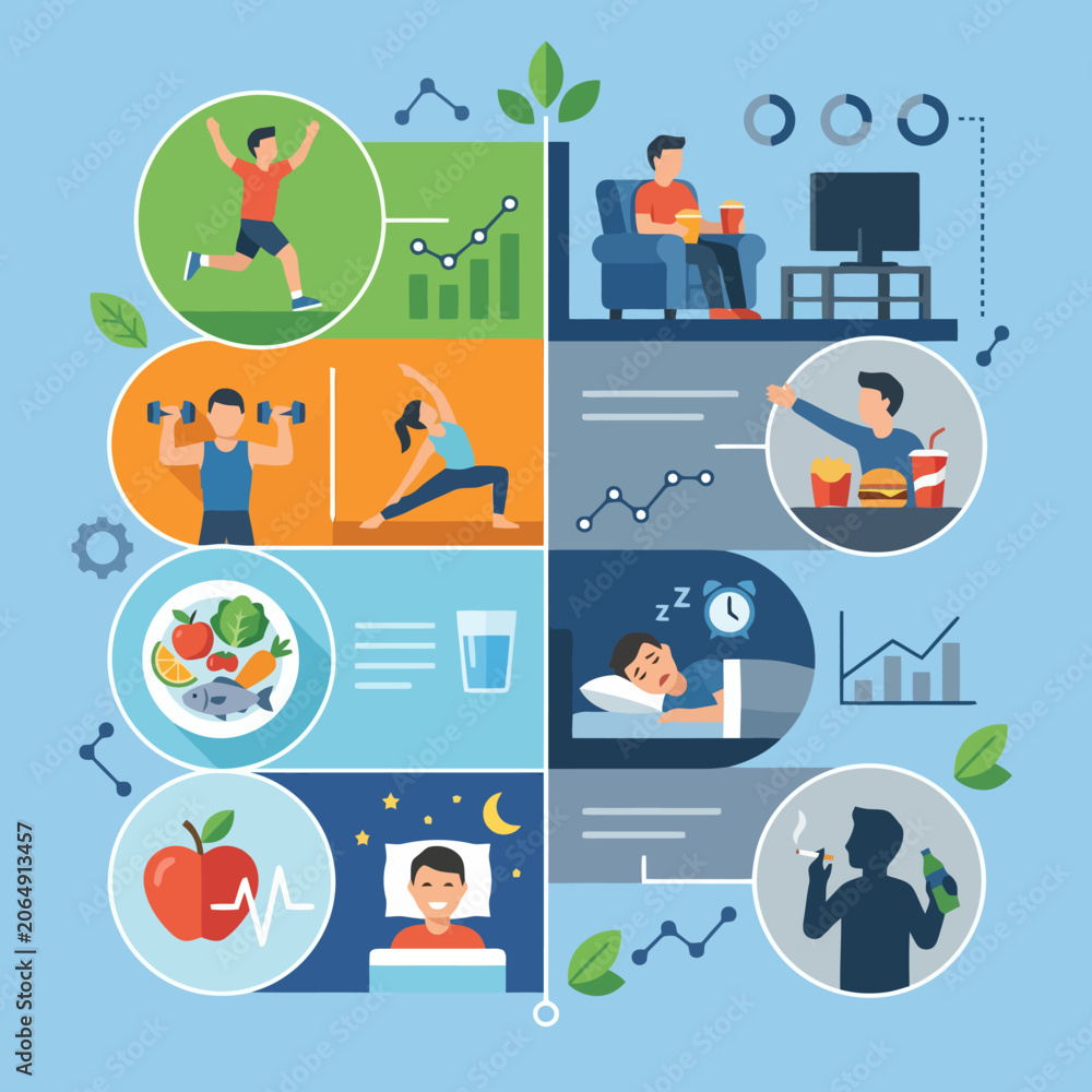 Fototapeta premium Infographic comparing healthy and unhealthy lifestyle choices