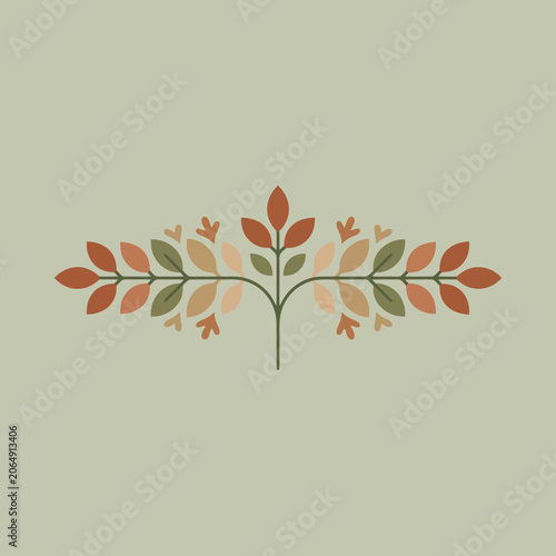 A symmetrical botanical illustration featuring colorful autumn leaves