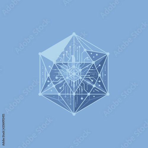 A geometric digital structure glows on a soft blue background