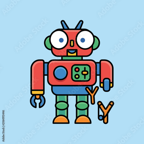 A colorful cartoon robot stands against a light blue background