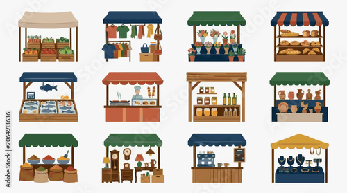 Schilderij op canvas Illustrated Market Stalls with Varied Goods.