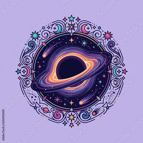 A stylized cosmic mandala illustration featuring a black hole