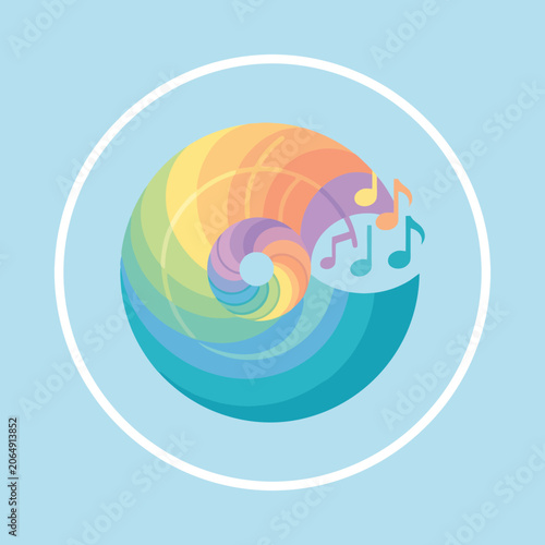 A colorful spiral graphic features floating musical note symbols