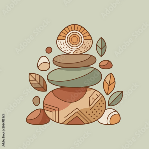 A balanced stack of smooth decorative stones with organic leaf shapes