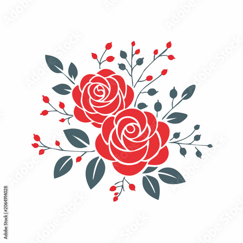 Stylized Red Roses and Berries Floral Arrangement