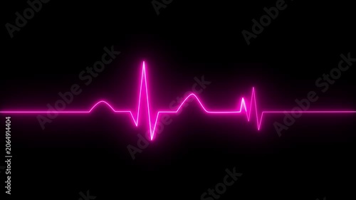 Pink neon electrocardiogram line on a black background abstract beat