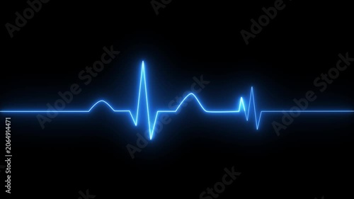 Blue neon electrocardiogram line on a black background abstract beat