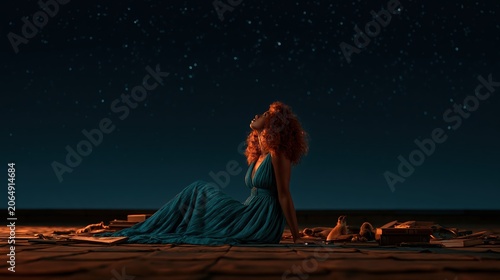 woman stargazing under a starry night sky
