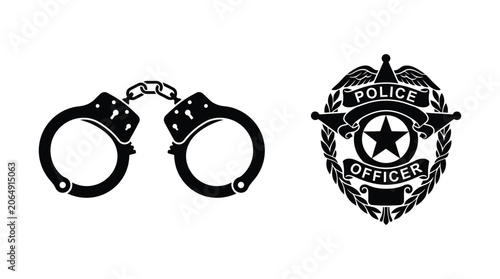 Canvastavla Handcuffs And Police Badge Silhouette On A White Background
