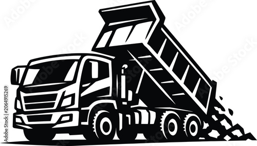 Dump Truck Vector – Black and White Minimalist Illustration of Heavy-Duty Construction Vehicle with Raised Bed, Bold Lines, Hydraulic Lift, and Dynamic Pose – Industrial Equipment and Construction Art