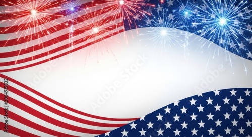 American Flag Waving with Fireworks Display in the Sky.