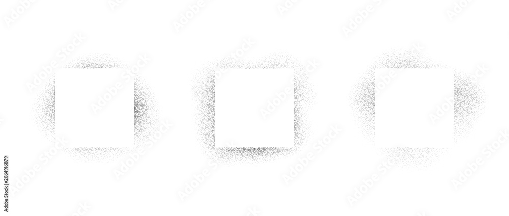 Fototapeta premium Spray stencil effect square frame collection. Stipple grain rectangle border set. Fade dots texture rectangular shape bundle. Vector rough textured boarder pack for text box, banner, poster, template