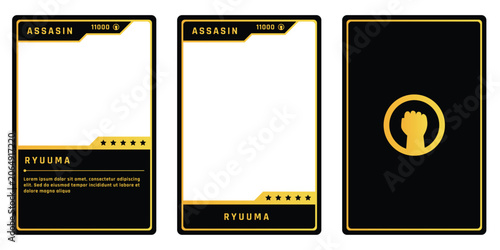 A set of three black and gold action trading card templates featuring a gold circular emblem, bold yellow character badges, black card back design, character name and role name placeholders.