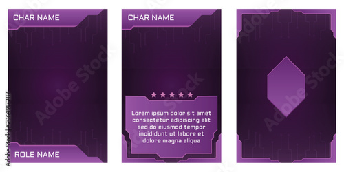 A set of three deep purple fantasy trading card templates with a glowing diamond/gem icon, gradient borders, character name fields, star ratings, and role name labels.