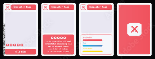 Set of four pink and red minimalist trading card templates featuring bold X icons, pastel backgrounds, color-coded stat bars, star ratings, and character name fields. Perfect for casual, anime.
