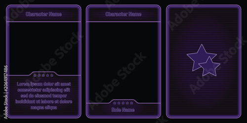A set of three dark purple fantasy trading card templates featuring glowing purple star icons, ornate borders, character name fields, star rating system, and role name placeholder.