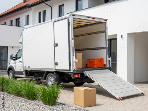 White Moving Truck with Open Rear Door and Ramp Parked in Front of Modern House for Home Relocation