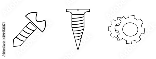 Simple line drawing shows three mechanical items. Each object has clear, distinct outlines. Screw, nail, and gear appear side-by-side. They symbolize construction, machinery, or assembly