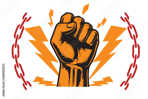 Tablou pe pânză Orange raised fist with electrical lightning bolts and chain links lightning res
