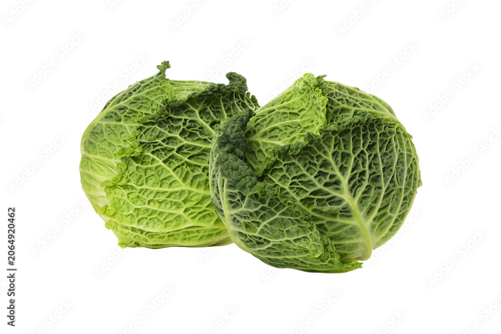 Fototapeta premium Two heads of fresh cabbage with green leaves are seen, isolated, PNG
