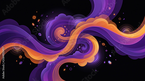 A breathtaking abstract composition of a gradient radiant fusion where deep cosmic purple and fiery luminous orange intertwine in an elegant, fluid dance against a pure solid black background.