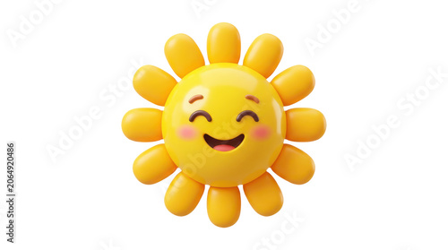 3d rendering of a cute yellow sun character with a happy smiling face and rosy cheeks isolated on transparent background