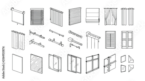 Tableau sur toile Minimalist window treatment icons, collection of 21 vector line drawings of curt