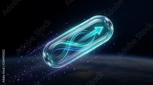 Capsule shaped object with glowing infinity symbol and arrow 3d rendering pill