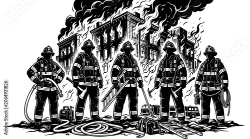 Cuadro en lienzo Brave firefighters standing before a burning city building