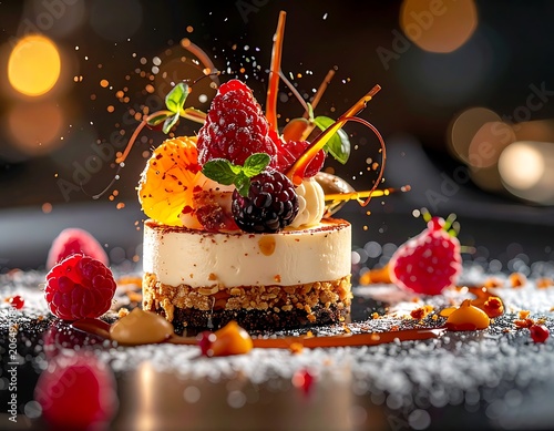 A decadent dessert with berries and caramel sauce on a dark surface