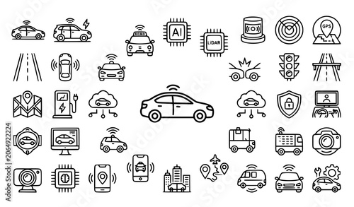 Autonomous Vehicle Technology Icon Collection with Self Driving Cars and Smart Mobility Systems