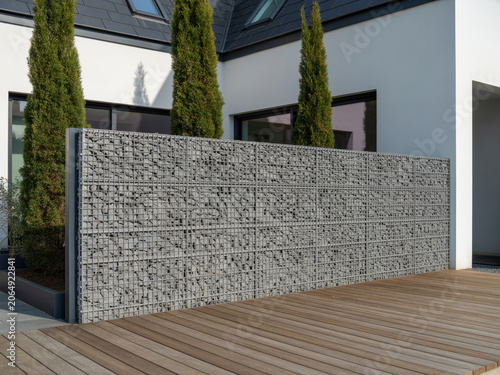 Modern Gabion Stone Wall Partition Enhancing Contemporary Garden Architecture and Privacy