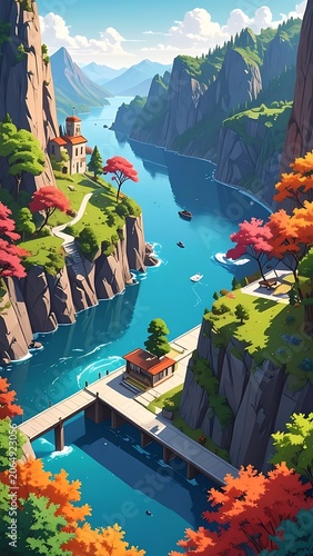 A serene landscape with a bridge over a river