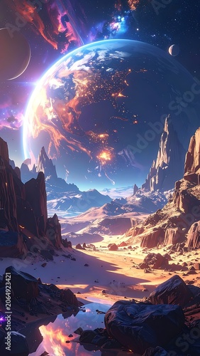 A vibrant, cosmic landscape with a large planet