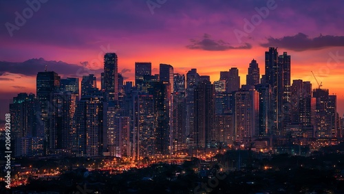 City skyline at sunset with vibrant purple and orange sky