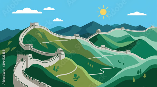 Fotografía The Great Wall of China scenic landscape with mountains and sun