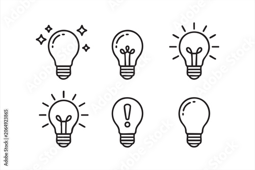 Lightbulb Line Icons Featuring Bright Ideas, Creativity, Discovery, Alert, Sparkles and Illumination