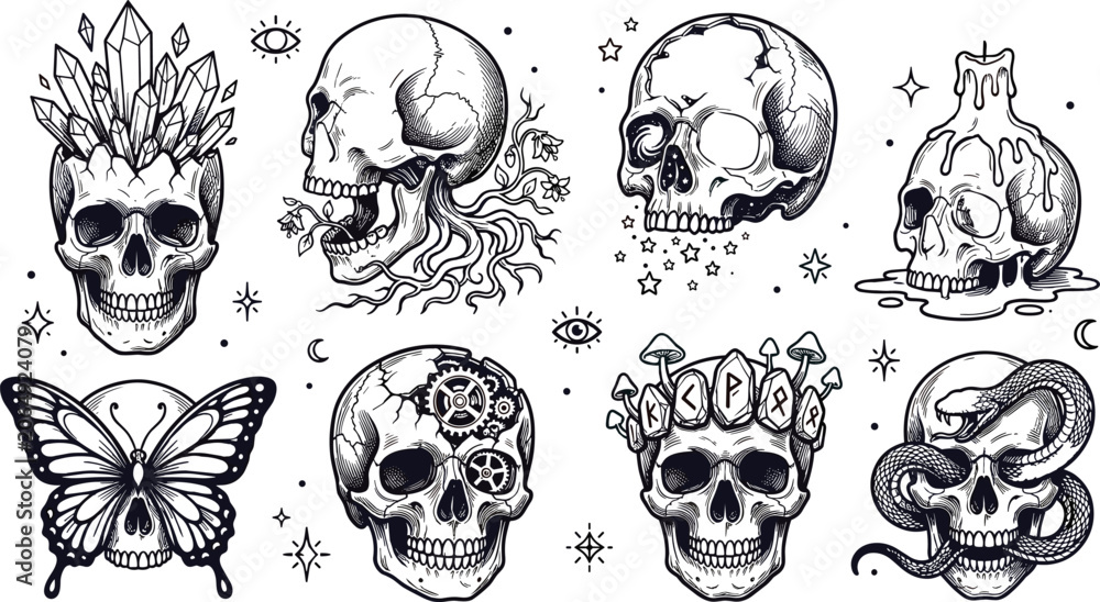 Fototapeta premium Gothic Skull Illustration Collection with Crystal Crown, Butterfly Wings, Serpent, Mushrooms, Melting Skulls, and Dark Occult Elements