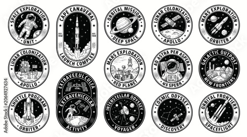 Schilderij op canvas Vintage space exploration mission emblems and astronaut patches
