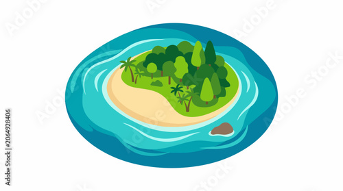 A cartoon island with lush greenery and a sandy beach surrounded by turquoise water