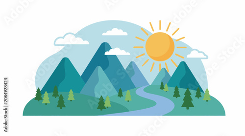 A cartoon landscape with a sun, mountains, trees, and a river