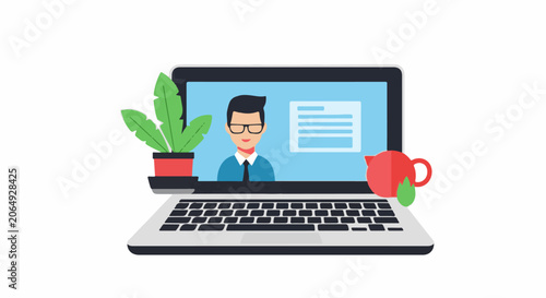 A cartoon laptop shows a man on the screen with a plant and coffee
