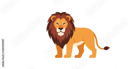 A cartoon lion with a large mane stands on a white background