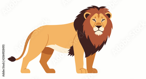 A cartoon lion with a large mane stands on all fours