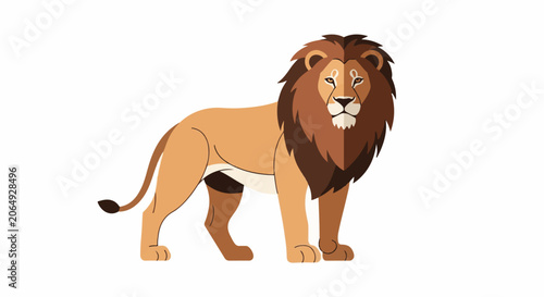 A cartoon lion with a large mane stands on all fours