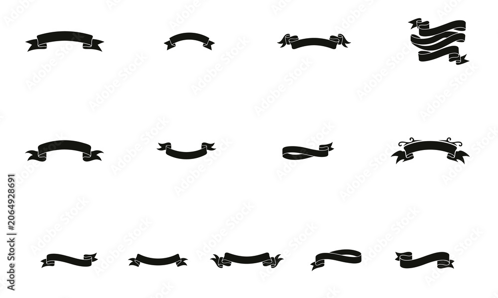 Fototapeta premium Collection of diverse black ribbon banners and labels isolated on a white background for design projects .silhouette degin
