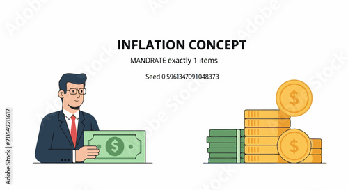 A cartoon man holding a bill and stacks of gold coins and green bills