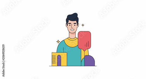 A cartoon man holding a red speech bubble and smiling