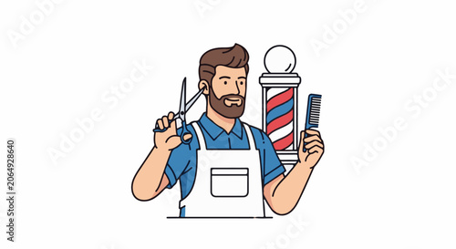 A cartoon man holding scissors and comb