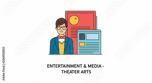 A cartoon man in a blue jacket and red bow tie stands beside a red and blue graphic